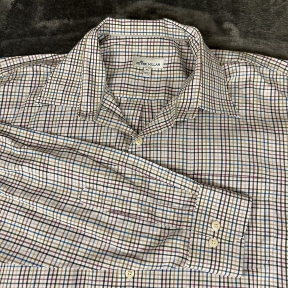 Peter Millar Shirt Mens Extra Large White Colorful Check Button Up Long Sleeve